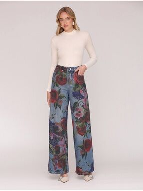 Avec Les Filles Floral Wide-Leg Jeans in Denim with Red & Green Blooms
